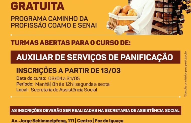 PREFEITURA ABRE VAGAS PARA CURSO GRATUITO DE AUXILIAR DE SERVIÇOS DE PANIFICAÇAO