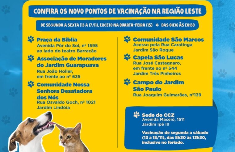 Vacinação contra a raiva em cães e gatos segue pela região Leste nesta semana