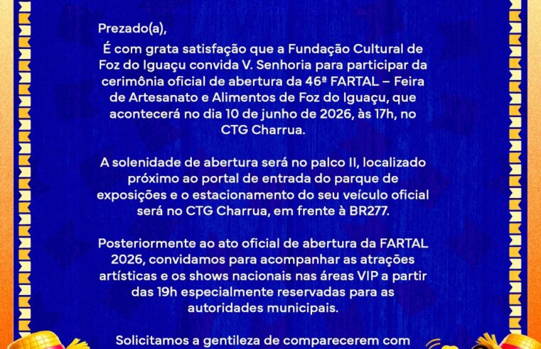ABERTURA OFICIAL DA 46ª FARTAL 2026 SERÁ NESTA QUARTA-FEIRA, 10 DE JUNHO, A PARTIR DAS 17H