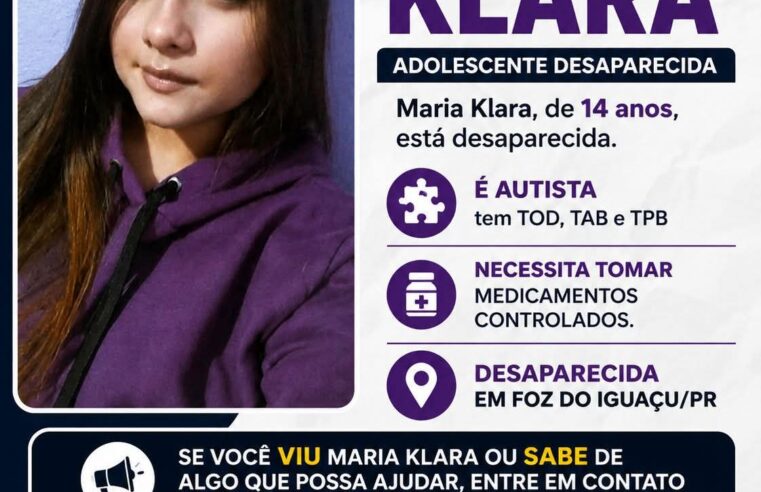 ADOLESCENTE DE 14 ANOS ESTÁ DESAPARECIDA EM FOZ DO IGUAÇU