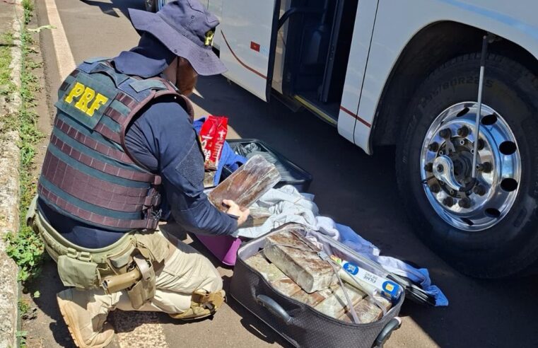 PRF apreende 40 quilos de maconha, além de celulares e medicamentos em ônibus na BR-277, em Santa Terezinha de Itaipu (PR)